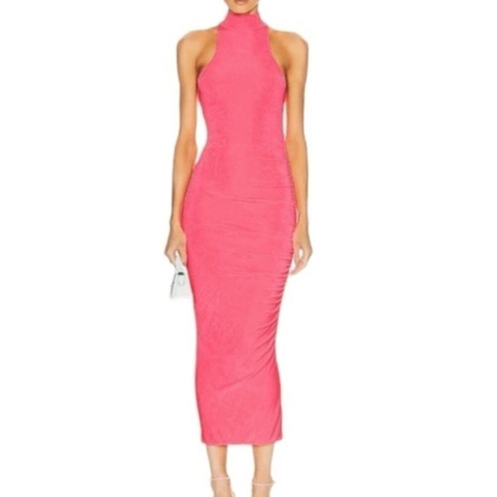 NWT SER.O.YA Delta Neon Pink High Neck Bodycon Ruched Dress Women's Small